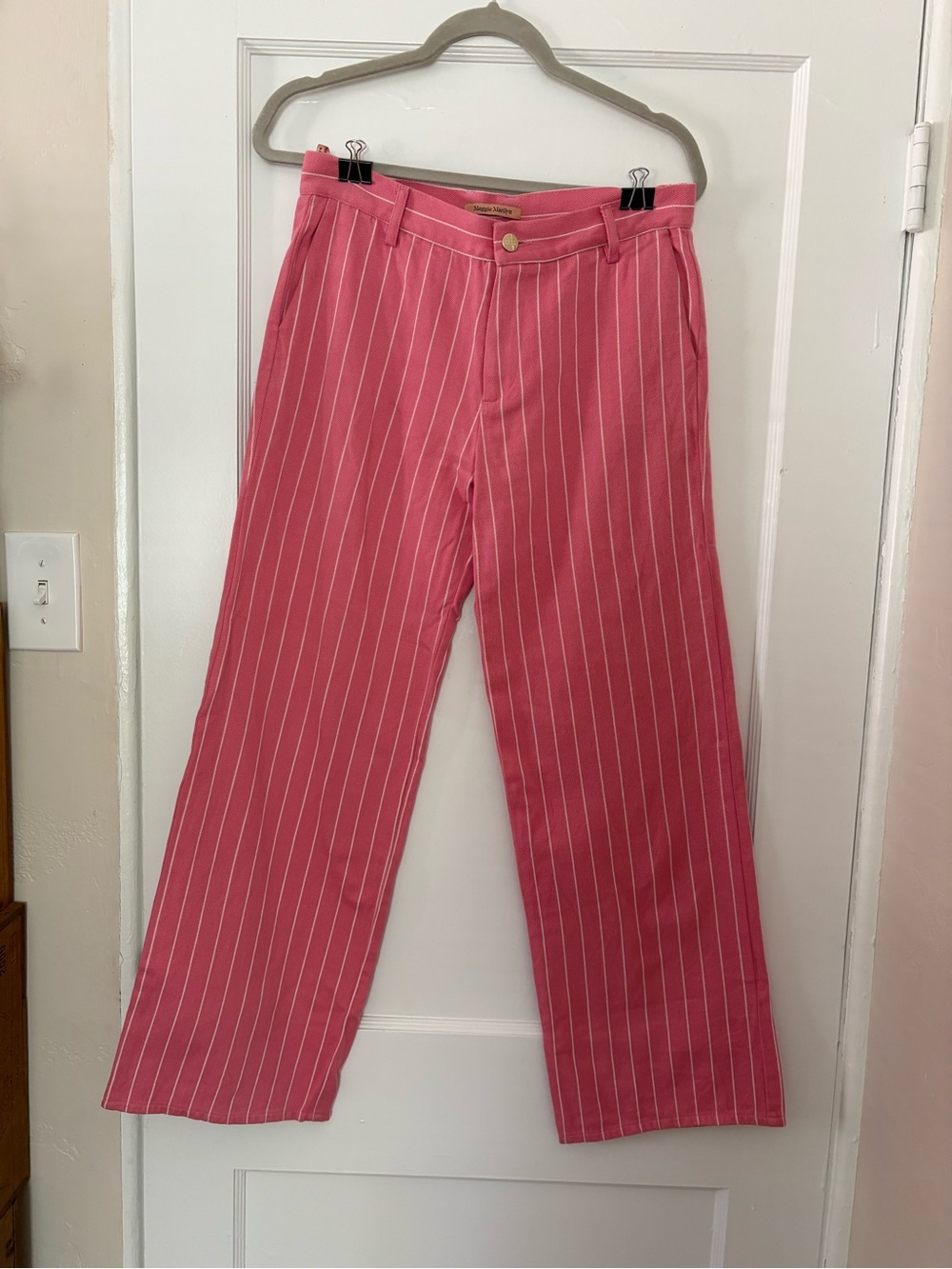 Maggie Marilyn Designer pink pinstriped wide leg pants luxury Barbie business